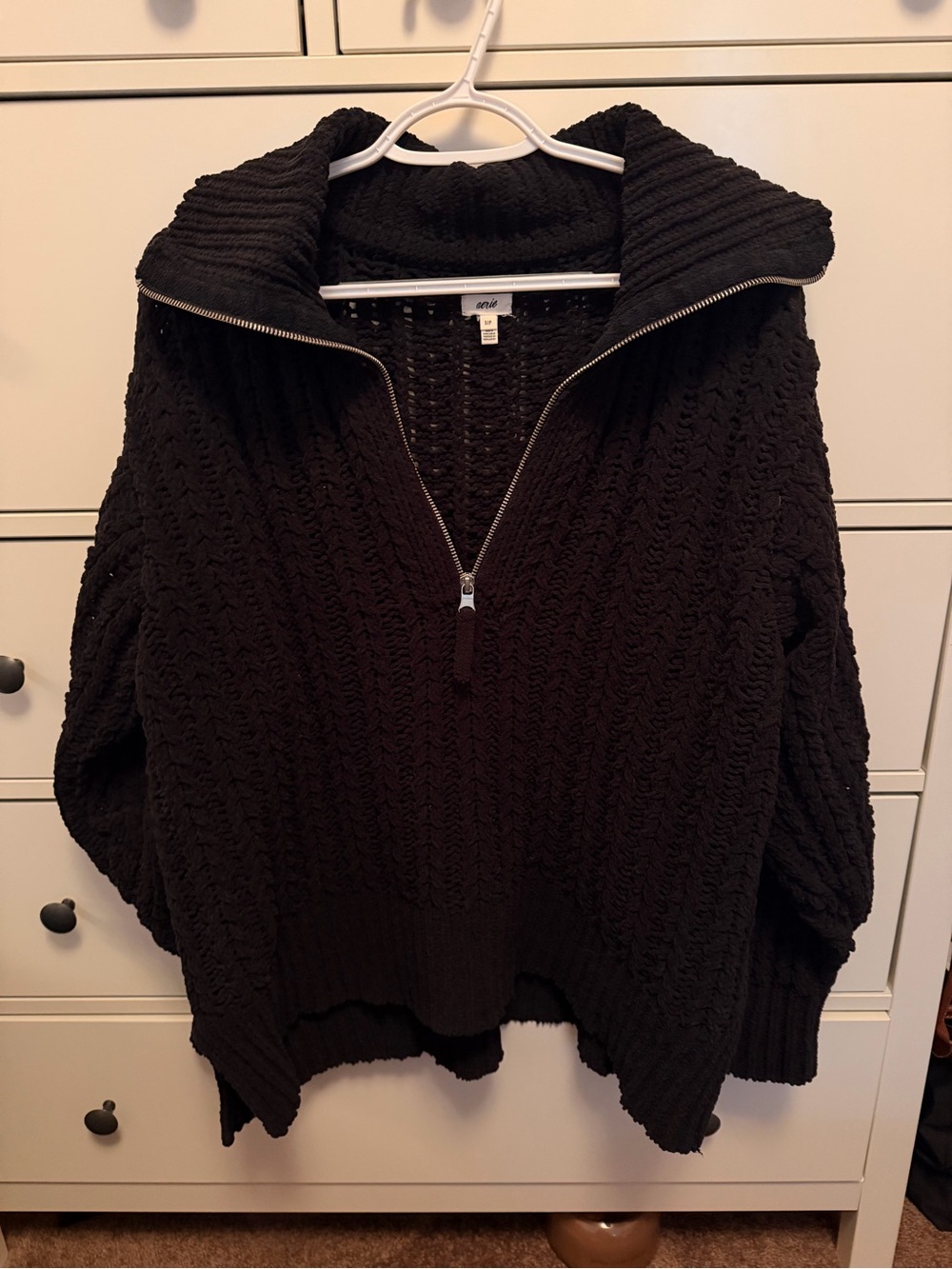 aerie Black Cable Knit Quarter-Zip Sweater